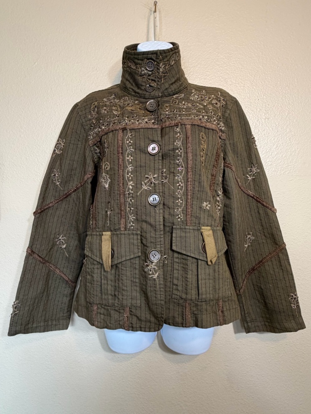1990s Mrs Pepper Women’s Olive & Brown Green Embroidered Button-Up Jacket